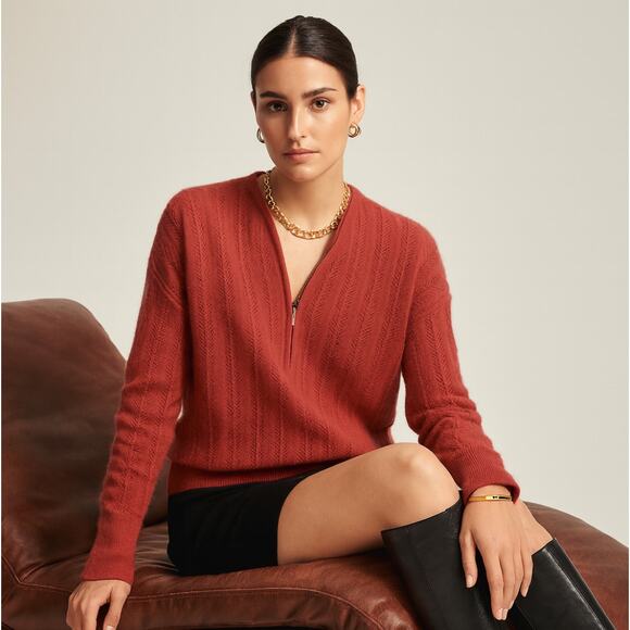 GARNET HILL 100% Cashmere Half Zip Pointelle Sweater Washed Brick Red Sz L {Q12} - Picture 1 of 6